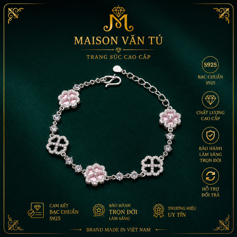 Lắc cỏ 4 lá màu hồng s925 0083797